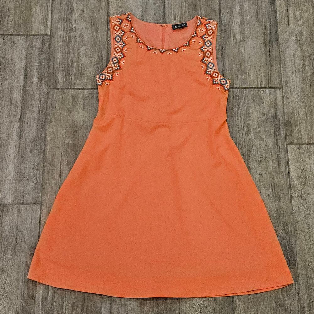 Maude Dress Womens Size M Sleeveless Embroidered A Line Fit & Flare Peach Orange